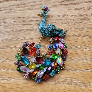 Vintage Multicolor Rainbow Rhinestone Peacock Brooch 2.7" Tall